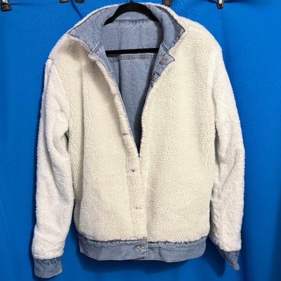 WARM HEAVY FASHION BLUE JEAN DENIM JACKET WITH SHERPA & FURRY FUZZY TYPE LINING - Picture 5 of 16